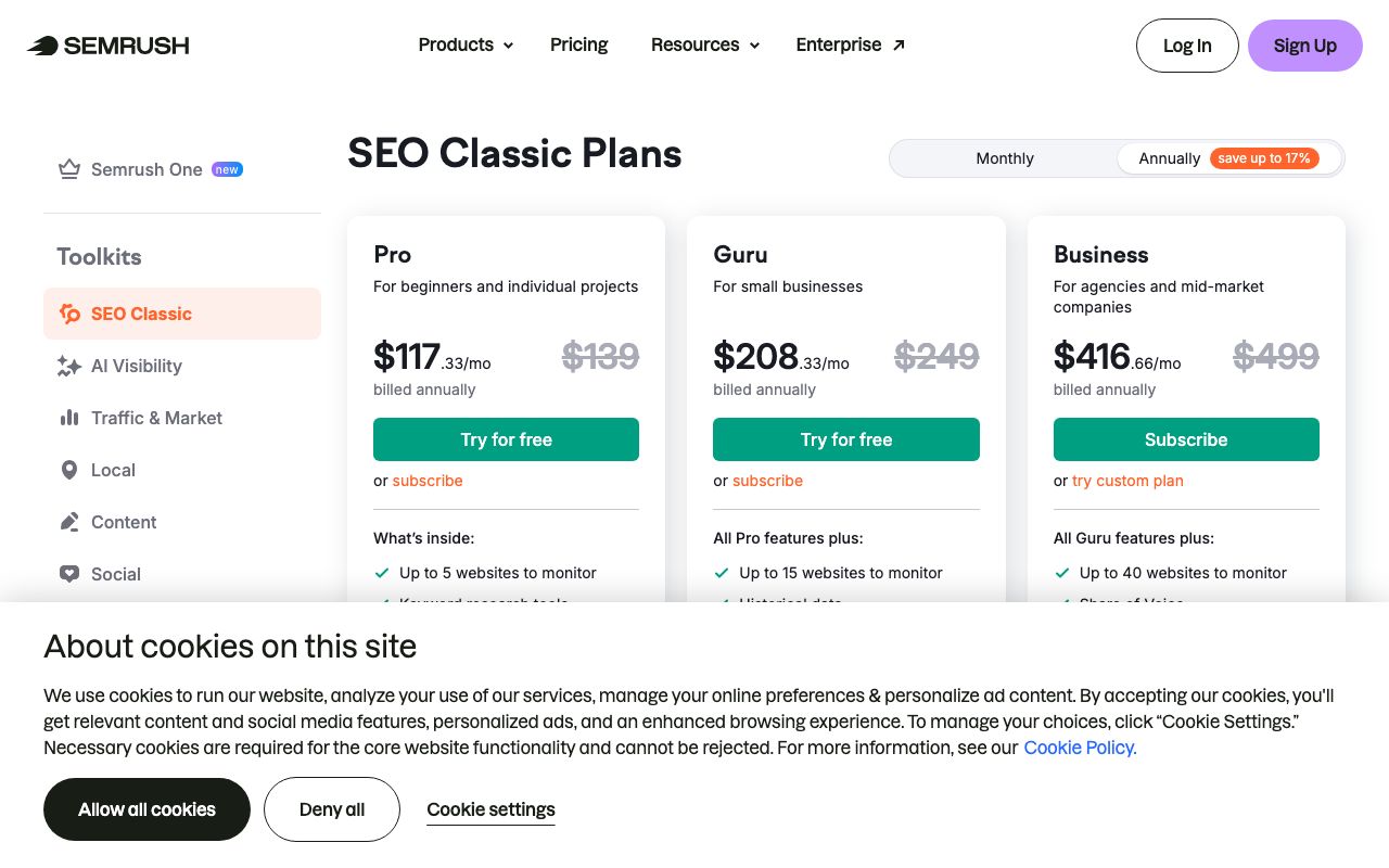 semrush.com prices page
