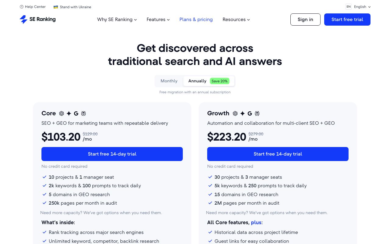 seranking.com pricing page