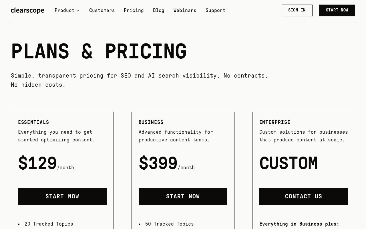 clearscope.io pricing page