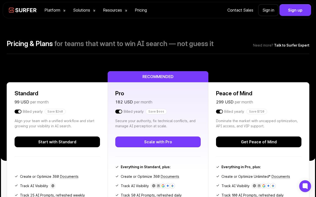 surferseo.com pricing page